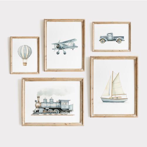 Travel Boy Nursery Wall Art Blue Vintage Transportation Prints Boy Room Watercolor Truck Hot Air Balloon Boat Plane Train Vintage Vehicle G6