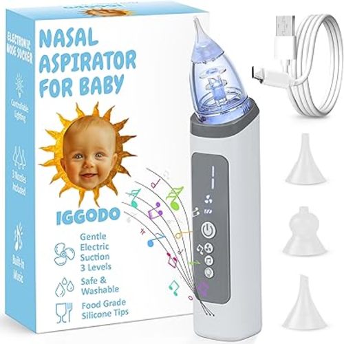 Nasal Aspirator for Baby - Rechargeable Baby Nose Sucker with 3 Soft Silicone Tips, Electric Nose Sucker for Baby with Adjustable Suction, Soothing Music & Light Function