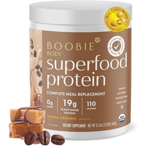 Boobie Body Superfood Protein Meal Replacement Shake, Coffee Caramel Flavor | 19g Protein | Safe For Prenatal, Pregnancy, Lactation, & Motherhood | Organic, Vegan, Zero Sugar, 1 Tub (20 Servings)