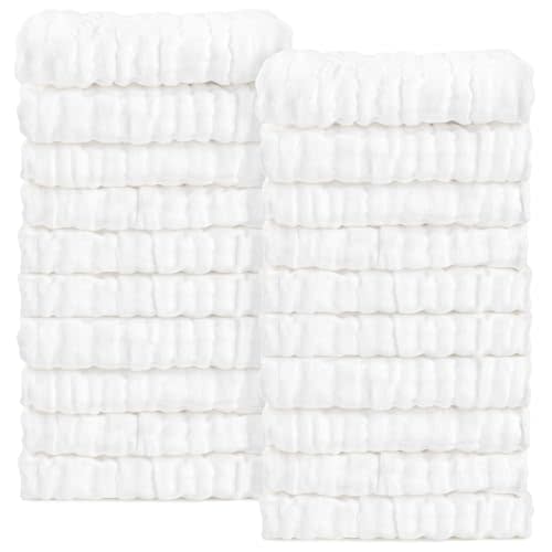 AIDEA Baby Washcloths and Baby Burp Cloths, Absorbent Cotton Muslin Baby Towels, Large Soft Breathable Newborn Essentials for Boys and Girls, Newborn Essentials, White-20 Pack, 10"x10"