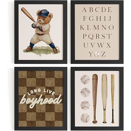 WXHUM Vintage Nursery Boys Room Playroom Decor Baseball Sports Wall Art Prints Set of 4, Boyhood Bear Sports Baseball Alphabet Posters for Nursery Toddler Boy Kid Playroom, 8x10 inch Unframed Brown
