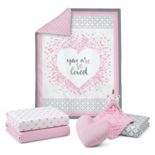 Manhattan Kids You Are So Loved Nursery Bedding Set | 7-Piece Crib Sheet & Nursery Décor Collection | Heart Theme for Baby Girls