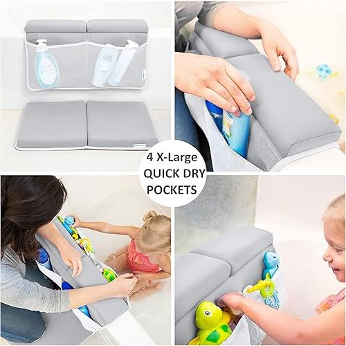 Bath Kneeler and Elbow Rest Pad, 1.75 inch Extra Thick Baby Bath Kneeling Pad and Elbow Pad for Bathtub. Bath Tub Elbow Pad with Infant Toy and Baby Accessories Organizer, Grey