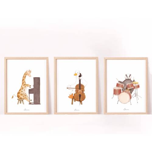 Set of 3 posters, animal posters for baby's room, music posters, baby room decoration, birth