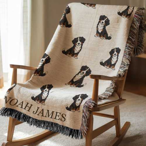 Personalized Bernese Mountain Dog Pattern Blanket Custom Name Dog Throw for Boys or Girls, Berner  Puppy Nursery Dog Lover Gift
