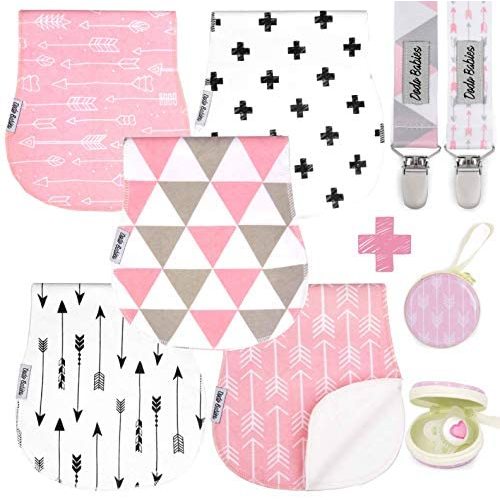 Baby Burp Cloths Pack of 5 by Dodo Babies + 2 Pacifier Clips + Pacifier Case, Premium Quality for Girls Soft and Absorbent, Excellent Baby Shower/Registry Gift