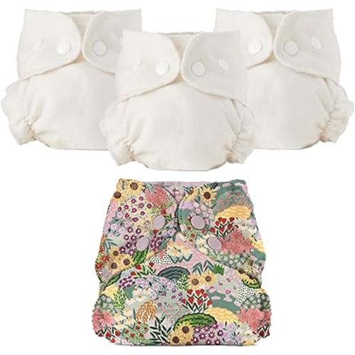 Esembly Cloth Diaper Bundle Set - 3 Organic Cotton Absorbent Inners and 1 Waterproof Outer Diaper Cover - Reusable, Washable, Snap Closure Cloth Diapers - Size 1 (7-17lbs), Botanic Gardens