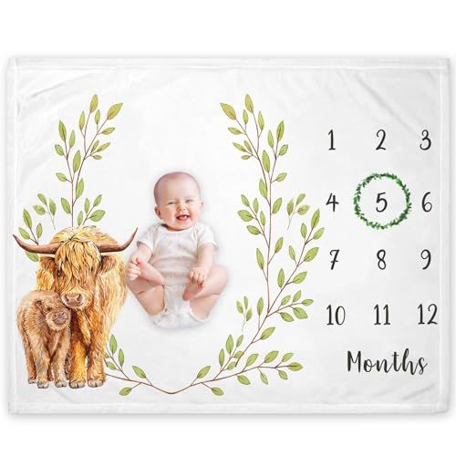 Yuzioey Highland Cow Milestone Blanket, Monthly Growth Chart, Watch Me Grow Nursery for New Moms Baby Shower (50"x40")