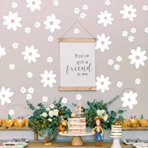 Flower Wall Decals Peel and Stick, Retro White Daisy Flower Wall Stickers Aesthetic for Bedroom Living Room Playroom Nursery Classroom, Groovy Floral Decals Room Decor for Birthday Party Baby Shower