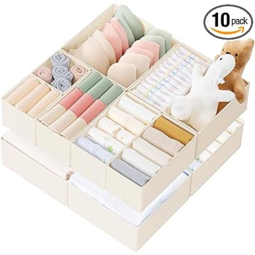 Criusia Drawer Organizer Clothes, 10 Pack Dresser Organizer for Baby Clothes, Underwear, Sock- Foldable Closet Organization and Storage Dividers Bins for Nursery, Bedroom (Beige)