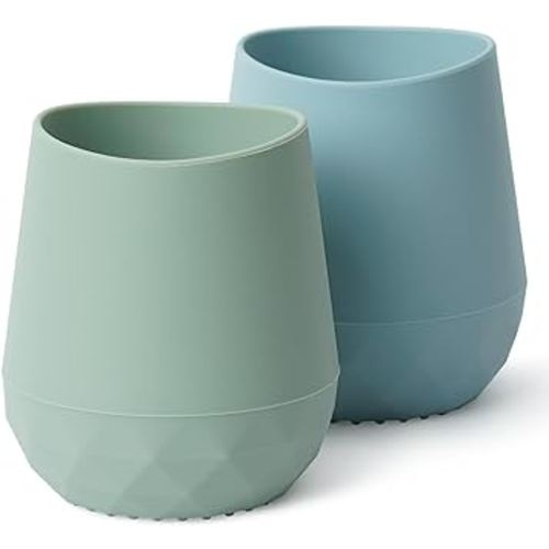 Seposeve Silicone Baby Cups for 6-12 Months, 12-24 Months, Pack of 2 Tiny Open Training Silicone Cup for Baby and Toddler, Baby Mouth-Like Design, with Capacity Markings, Green Blue