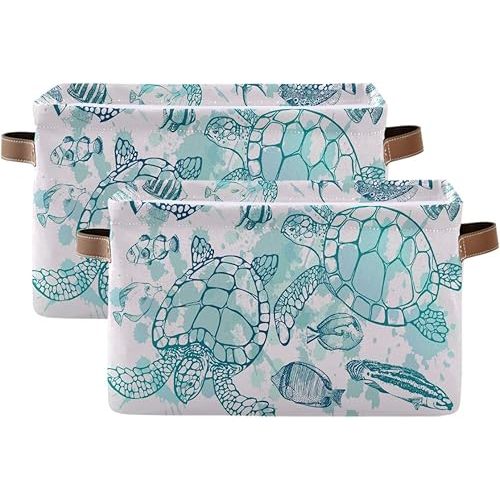 Storage Basket Cube Tropical Ocean Sea Turtle Fish Large Collapsible Toys Storage Box Bin Laundry Organizer for Closet Shelf Nursery Kids Bedroom,15x11x9.5 in,2 Pack