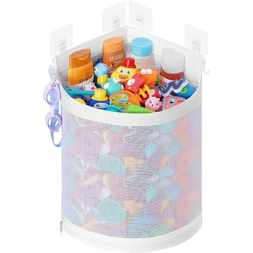 Lifewit Bath Toy Storage Holder, Mesh Shower Caddy for Bathtub Toy Organizer, Corner Hang-Suspension Shower Toy Holder, Bath Toy Basket with 4 Adhesive Hooks for Kids, Toddlers, Large, White