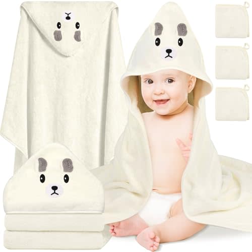 4 PCS Baby Towels Set, Baby Towels for Newborn Bath Essentials (White Bear) | 1 PC Animal Hooded Baby Bath Towels, 3 PCS Baby Washcloths, Ultra Absorbent Soft, Baby Bath Essentials, Gift for Boys & Girls