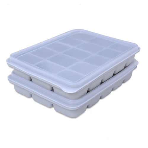 Ice Cube Trays Set of 2, Easy Release 15 Flexible Silicone Ice Cube Molds with Removable Lid Reusable Freezer Ice Trays Stackable for Whiskey, Baby Food, BPA Free (SNOW GRAY)