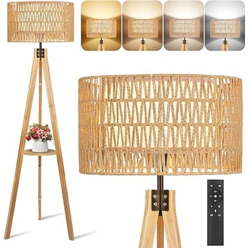 OUTON Boho Rattan Tripod Floor Lamp with Shelves, Remote Control, Dimmable Mid Century Modern Standing Lamp 58.5" for Bedroom, Living Room & Office, Lamp Shade Includes E26 9W Bulb, Wood