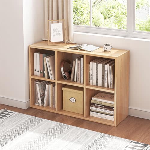 NELYE 6 Cube Organizer Bookcase - Fabric Storage Bins Container, Open Shelf Simple Compartments Bookshelf, Oak