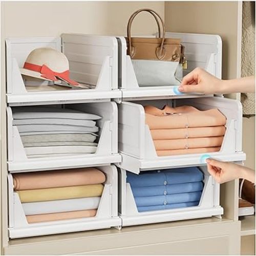 6 Pack Folding Closet Organizers Storage Box, Stackable Plastic Storage Basket, Closet Organizers and Storage Drawer Shelf Storage, Storage Container for Cupboard Kitchen Bathroom Bedroom