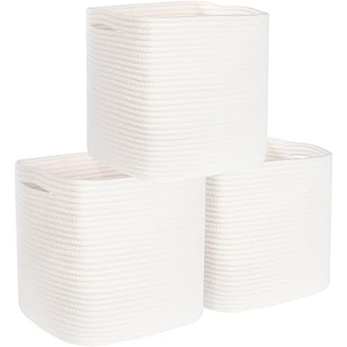 MINTWOOD Design 3-Pack 11x11 Inch Cube Storage Bin, Woven Storage Cube Organizer, Closet Organizer, Cute Square Storage Bins, Decorative Classroom Bathroom Pantry and Shelf Baskets, Creamy White