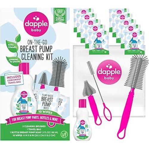 Dapple Breast Pump Cleaning Kit, 3 Baby Bottle Cleaning Brushes, Hypoallergenic & Powered by Plants, Removes Milk Residue, Leaves No Taste, 3oz Soap, 10ct Wipes 3 Cleaning Brushes