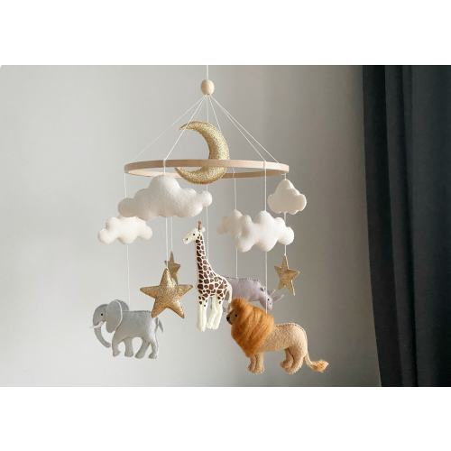 Baby mobile neutral animals Africa nursery mobile felt Africa safari giraffe, lion, hippo and elephant. Crib mobile moon and clouds mobile.