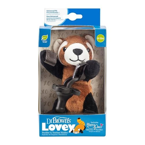 Dr. Brown's Baby Lovey Pacifier and Teether Holder, Red Panda with Black HappyPaci, 100% Silicone, 0-6m