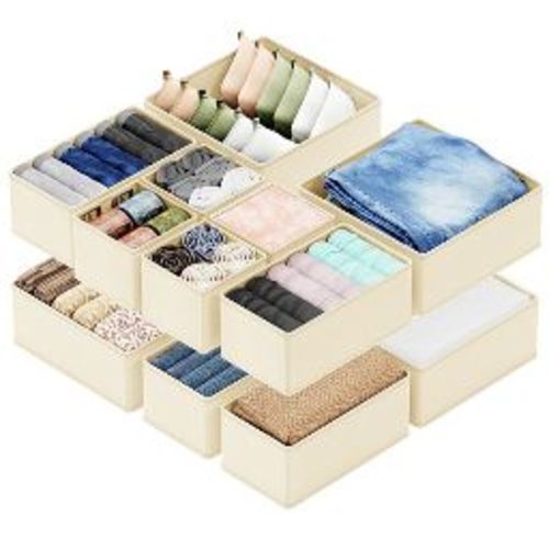 Set of 12 Collapsible Drawer Organizer Bins for Clothes, Closet Organizers and Storage Dividers for Clothing (Beige)