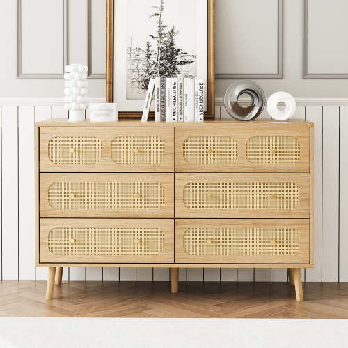Rattan Dresser for Bedroom, 6 Drawer Double Dresser with Gold Handles, Boho Chest of Drawers with Deep Drawers for Living Room, Bedroom, Hallway.