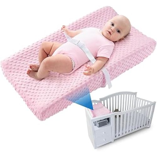 Compact Small Changing Pad with Cover - 27" X 16" Contoured Baby Diaper Changing Pad for Combo Crib with Changing Table-Waterproof & Hypoallergenic, Safety Strap with Quick-Release Buckle-Pink
