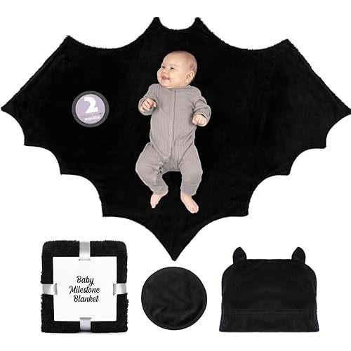 Baby Bat Swaddle Blanket Gift Set with 12 Baby Monthly Stickers, Circle Prop and Plush Baby Bat Hat, 46x36 inch Halloween Baby Blanket is the Perfect Goth Baby Stuff for Gothic Baby Nursery