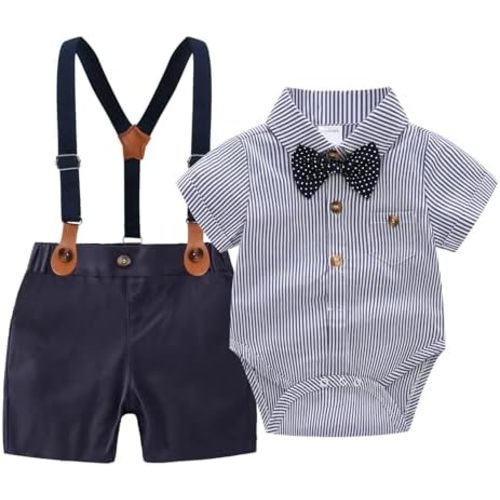 Baby Boys Gentleman Outfits Suits, Infant Shirt+Shorts+Bow Tie+Suspenders Clothes Set