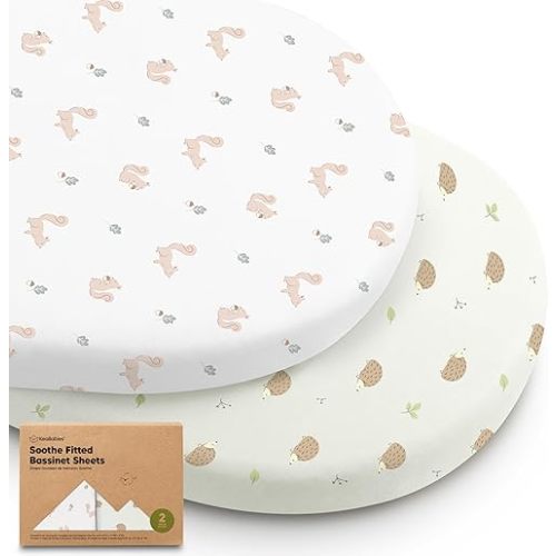 2-Pack Organic Bassinet Sheets for Girls, Boys -100% Cotton Bassinet Mattress Sheets Compatible with Halo Bassinest Swivel Sleeper,Graco,Baby Delight,Chicco,Unisex Fitted Bassinet Sheets(Nibble/Bruce)