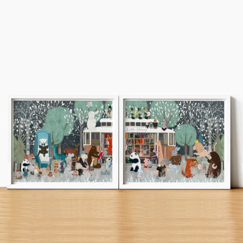 Big Little Library. Nursery art, Children's wall art, Nursery reading theme, Book illustrations, Nature wall art, Woodland animals,