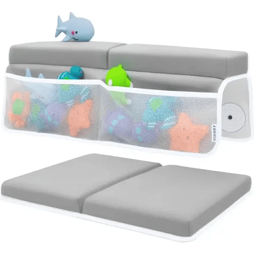 Baby Bath Kneeler and Elbow Rest Pad Set - Baby Bath Support for Knees and Elbows - Bath Kneeler Pad with Memory Foam and Bath Toys Organizer - Ideal Bath Kneeling Pad for Bathing Baby - Grey