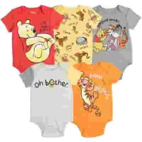 Disney Newborn Baby Boys 5 Pack Short Sleeve Bodysuits Winnie/Tigger/Eyeore/Piglet 0-3 Months