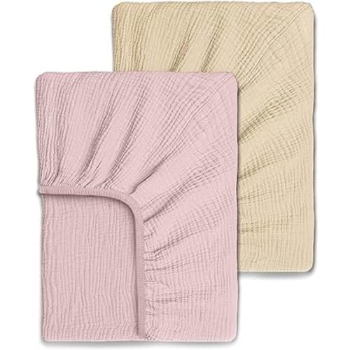 Yunioo Ultrasoft Muslin Baby Crib Sheets Neutral for Boy or Girl, 100% Organic Cotton Boho Fitted Crib Sheet in 2-Pack, Universal Fit Crib Mattress Sheet Set, 52 x 28”- Cream-Mauve