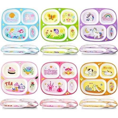 Hushee 6 Pcs 9.4 x 8.2 Inch Dinner Plate for Kids Girls Boys Divided Plates Plastic Serving Dishes for Unicorn Princess Mermaid Butterfly Party Cat