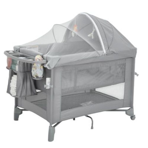 5-in-1 Baby Bassinet & Bedside Crib Sleeper, One-Push Setup Pack and Play with Diaper Changer, Mattress & Toy Bar for Newborn, Infant & Toddler