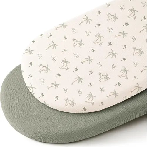 Konssy 2 Pack Muslin Fitted Bassinet Sheets for Baby Girl Boy, Soft Breathable Baby Bassinet Sheets Fit for Baby Bassinets, Cradle, Moses Basket Oval Rectangle Pad/Mattress (Tree,Fog Green)