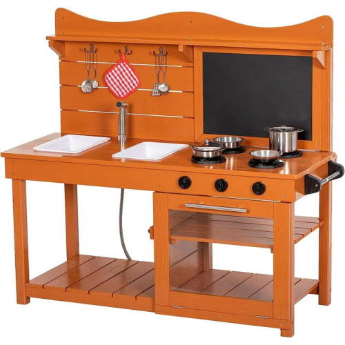 BRINJOY Kitchen Playset for Kids, Outdoor Wooden Mud Kitchen Set w/2 Removable Sinks & Spray Pipe, Backyard Garden Toddler Pretend Play Kitchen w/Blackboard, Kitchenware, Stove, Gift for Boys Girls