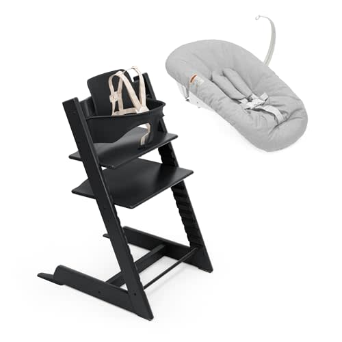 Stokke Tripp Trapp High Chair 2 with Newborn Set and Tray, Black/Grey | Includes Chair, Newborn Set, Removable Harness, Tray, Ages 0-36 Months, Solid Wood, Adjustable 5-Point Harness
