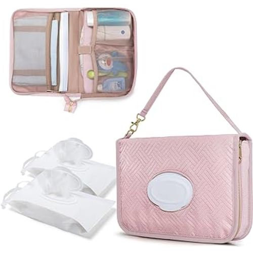 Rexmica Diaper Clutch Bag with 2 Pieces Wipes Dispensers, Small Diaper Bag with Multiple Pockets for Storage of Baby Necessities, Baby Travel Essential, Pink