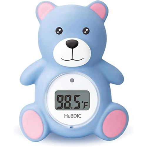 HubiBaby Baby Bath Thermometer & Digital Room Temperature, 2in1 Kids Bathroom Safety Products with Temperature Warning, Floating Teddy Bear (Blue)