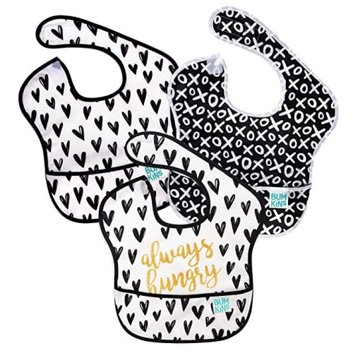 Bumkins Bibs for Girl or Boy, SuperBib Baby and Toddler for 6-24 Months, Essential Must Have for Eating, Feeding, Baby Led Weaning Supplies, Mess Saving Catch Food, Fabric 3-pk Hearts and XOXO