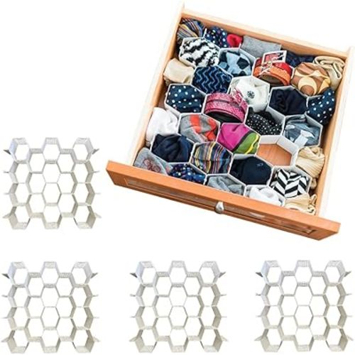 Evelots Honeycomb Drawer Organizer - Set of 4, 112 Slots, Easy Snap-Together Assembly, Adjustable & Durable Plastic Dividers, Perfect for Socks, Underwear, Ties, Accessories, and More - Customizable S