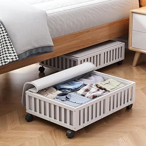 Bamboo Under Bed Storage Containers with Wheels, 2 Pack Under the Bed Shoe Storage Bins, Wood Rolling Underbed Drawers Organizer for Bedroom, Closet, Clothes Blanket Comforter and Under Crib Toy White