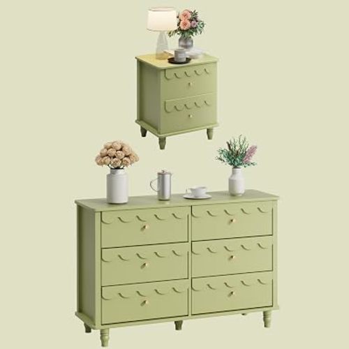 Anbuy Bedroom Sets 2 PCS 6 Drawer Dresser and Night Stand Sets for Bedroom, Two Drawers Nightstand & Scalloped 6 Drawer Dresser Combo 2 Pieces(Green)