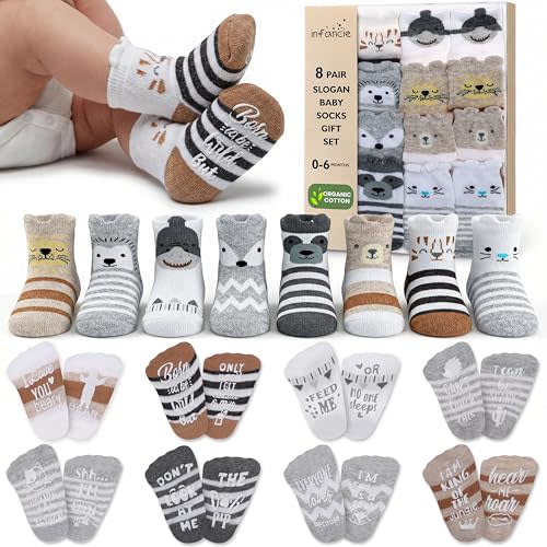 Organic Cotton 8 Pair Baby Socks 0–6 Months - Newborn Socks with Gripper - Safe Walking Non-Slip Sole, Perfect Baby Gift and Registry - Baby Socks for Boys and Girls, Newborn Essentials