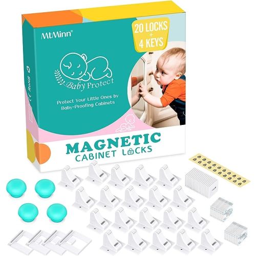 MtMinn Child Safety Magnetic Cabinet Locks (20 Pack + 4 Keys) - Baby Proofing Cupboard Locks with Key for Toddler-Easy Installation, Invisible, blue - Blue Key