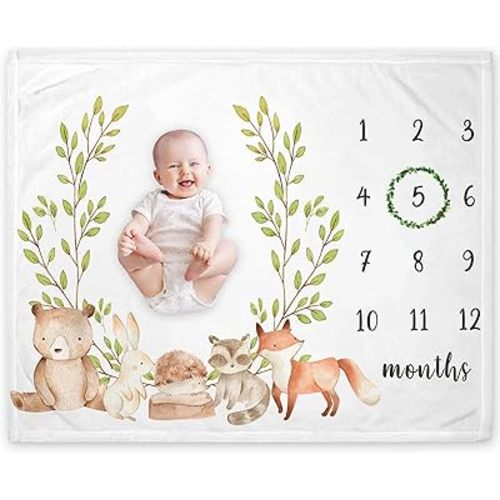 Yuzioey Woodland Milestone Blanket, Forest Animals Baby Growth Chart Monthly Blanket, Watch Me Grow Woodland Bear Fox Baby Nursery for New Moms Baby Shower(50"x40")